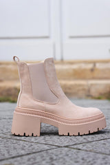 Beige Sueded Chunky Sole Stretch Ankle Boots