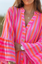 Pink Neon Stripe Bell-Sleeve Cabana Dress