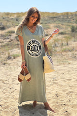 Olive Vintage Rock V-Neck T-Shirt Dress