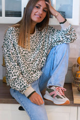 Cream and Olive Green Leopard Print Jumper