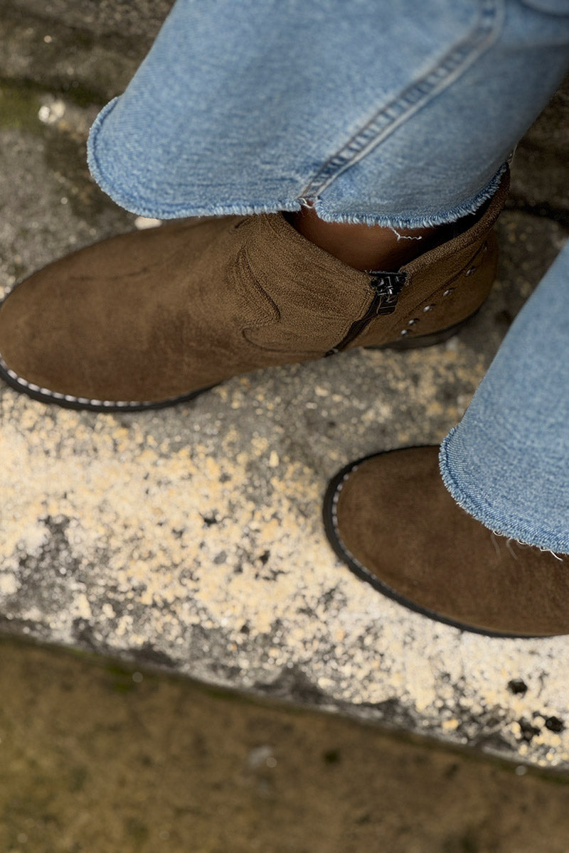 Olive Studded Suedette Ankle Boots with Buckle