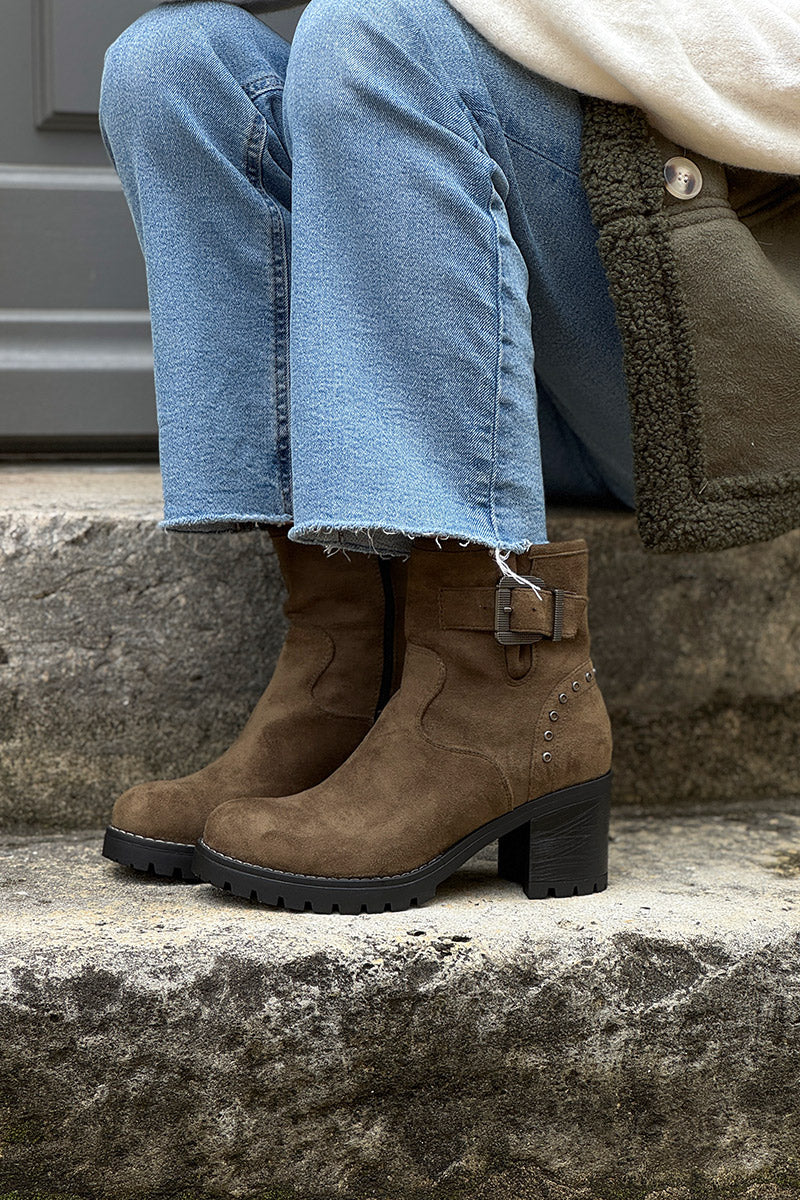 Olive Studded Suedette Ankle Boots with Buckle
