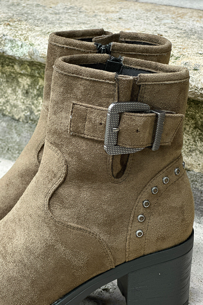 Olive Studded Suedette Ankle Boots with Buckle