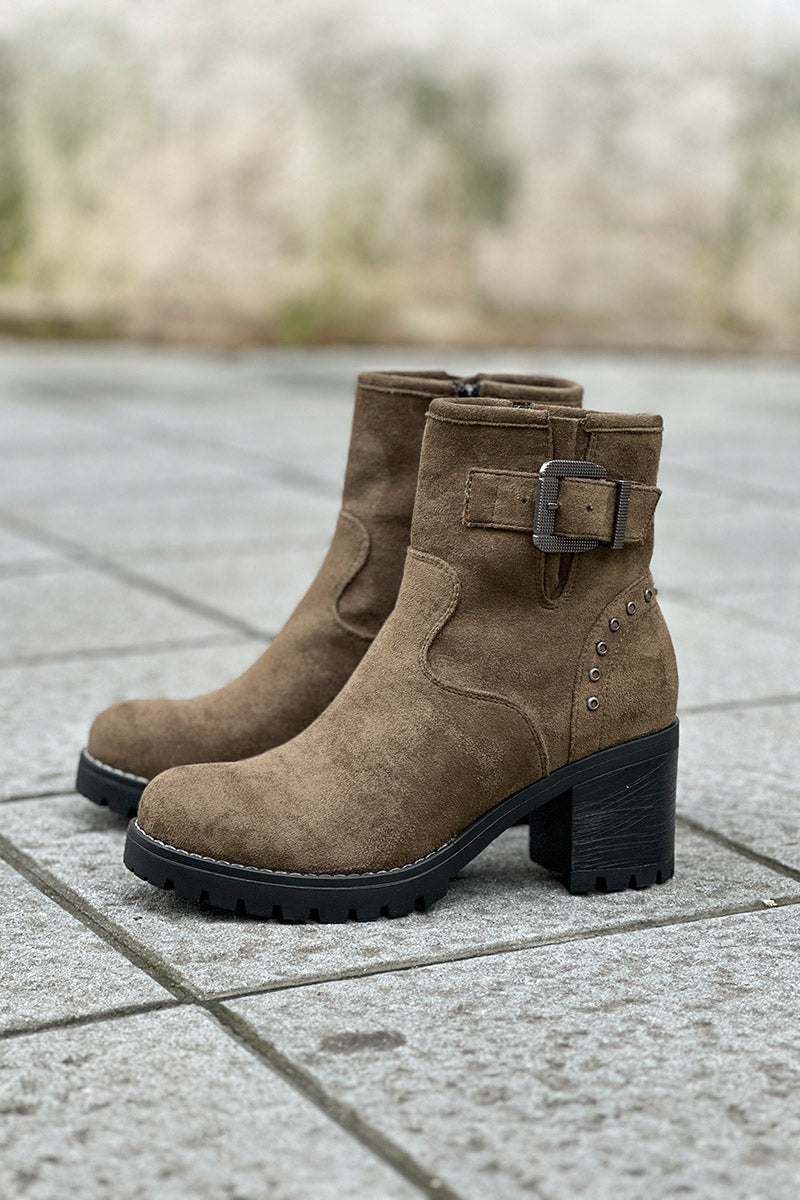 Olive Studded Suedette Ankle Boots with Buckle