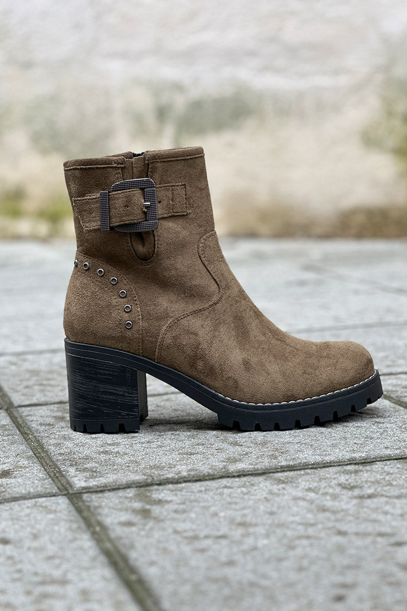Olive Studded Suedette Ankle Boots with Buckle