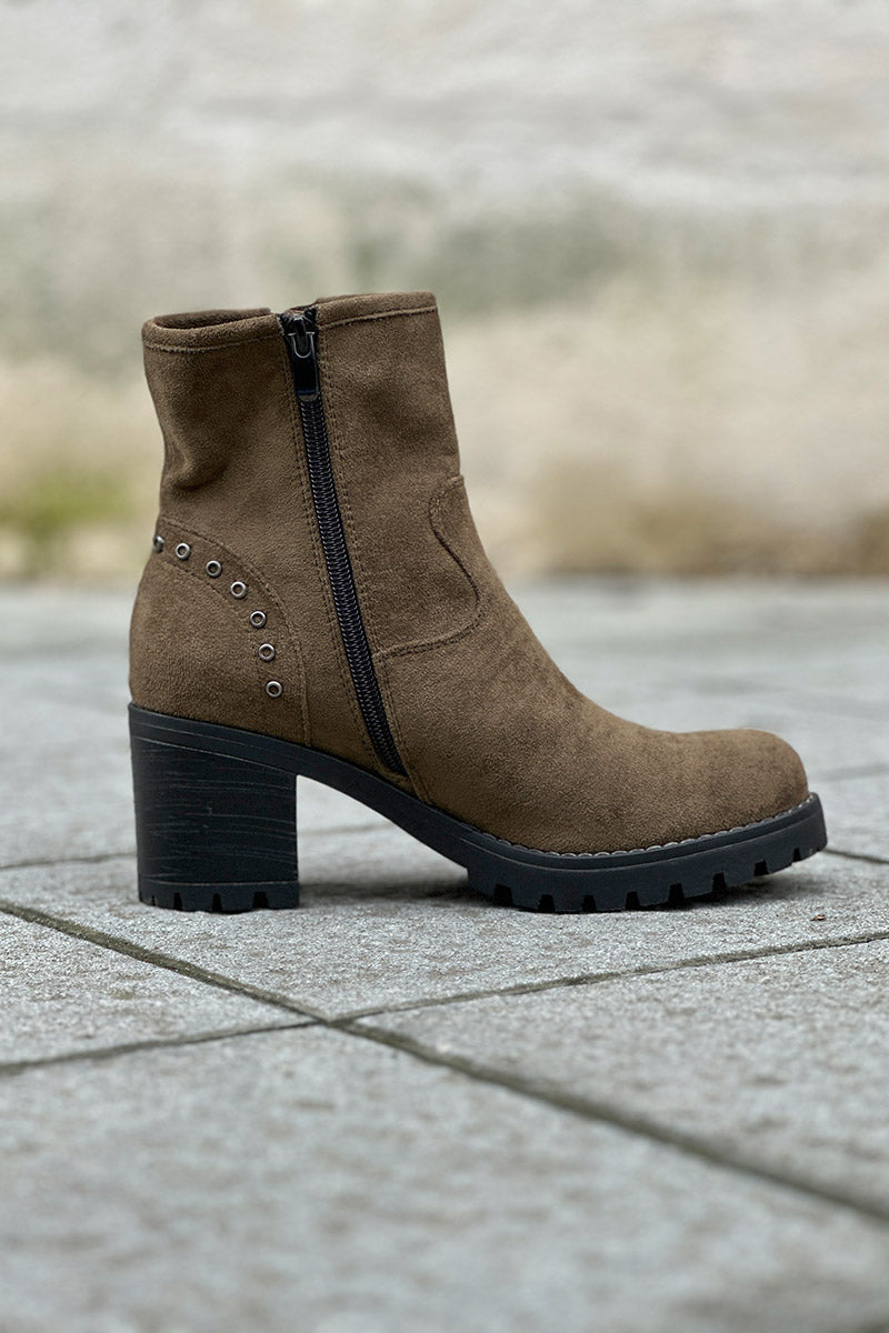 Olive Studded Suedette Ankle Boots with Buckle
