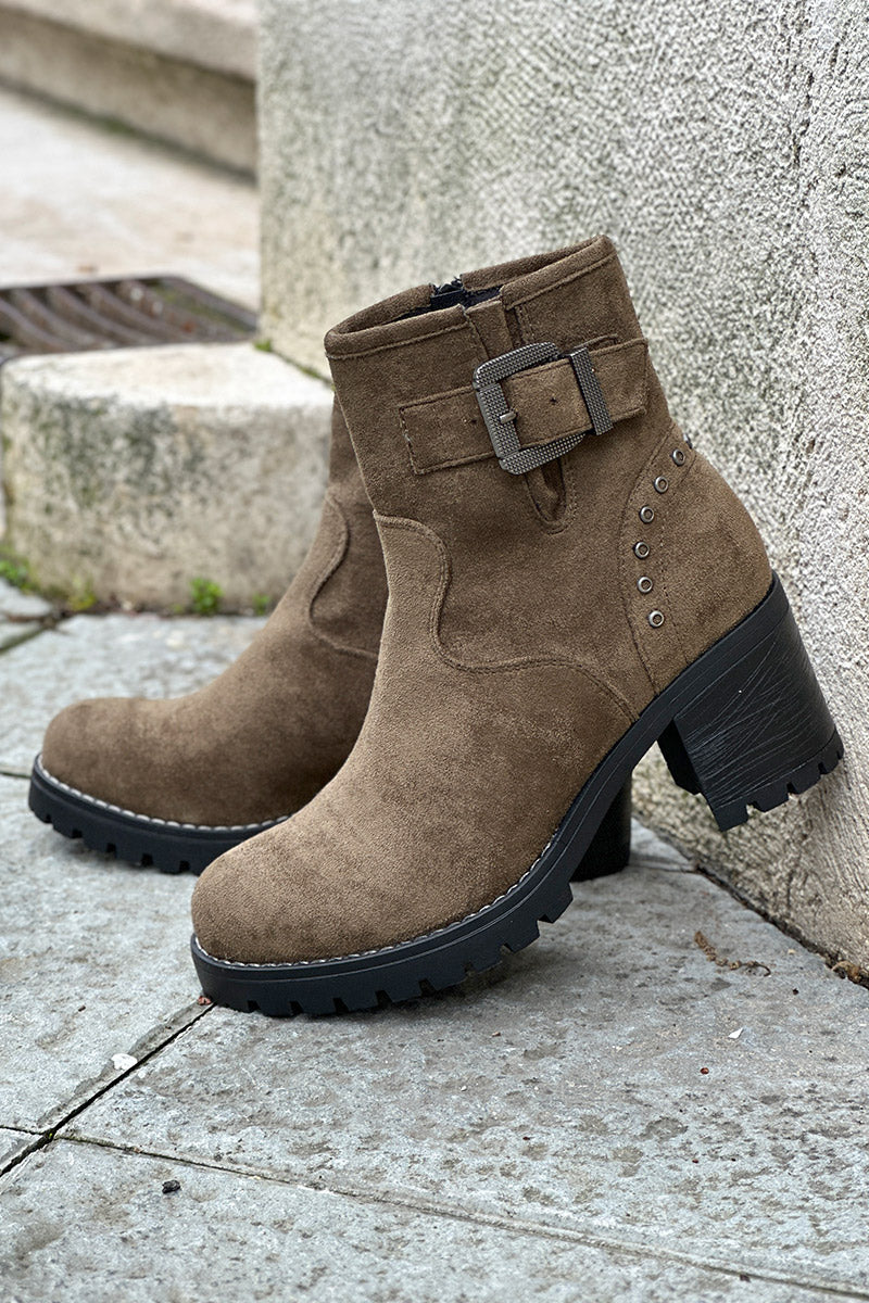 Olive Studded Suedette Ankle Boots with Buckle