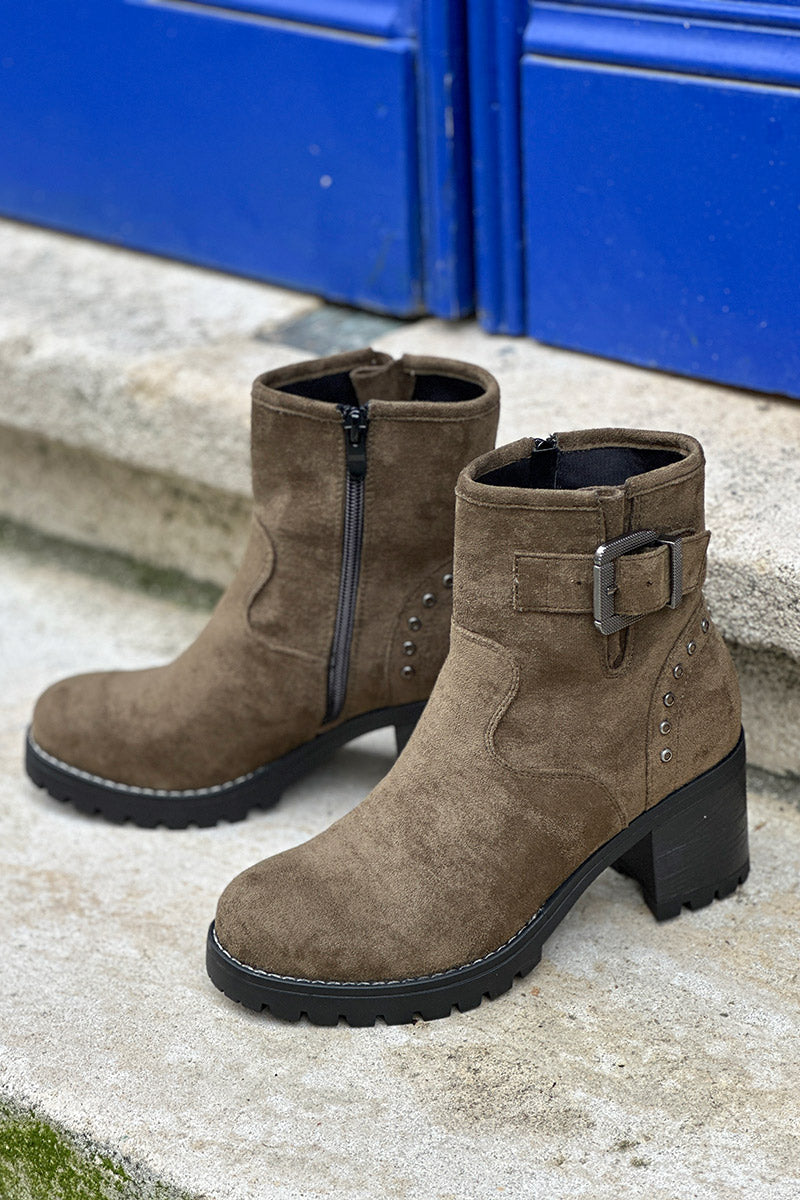 Olive Studded Suedette Ankle Boots with Buckle