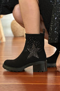 Boots noires à talon cranté étoile en strass