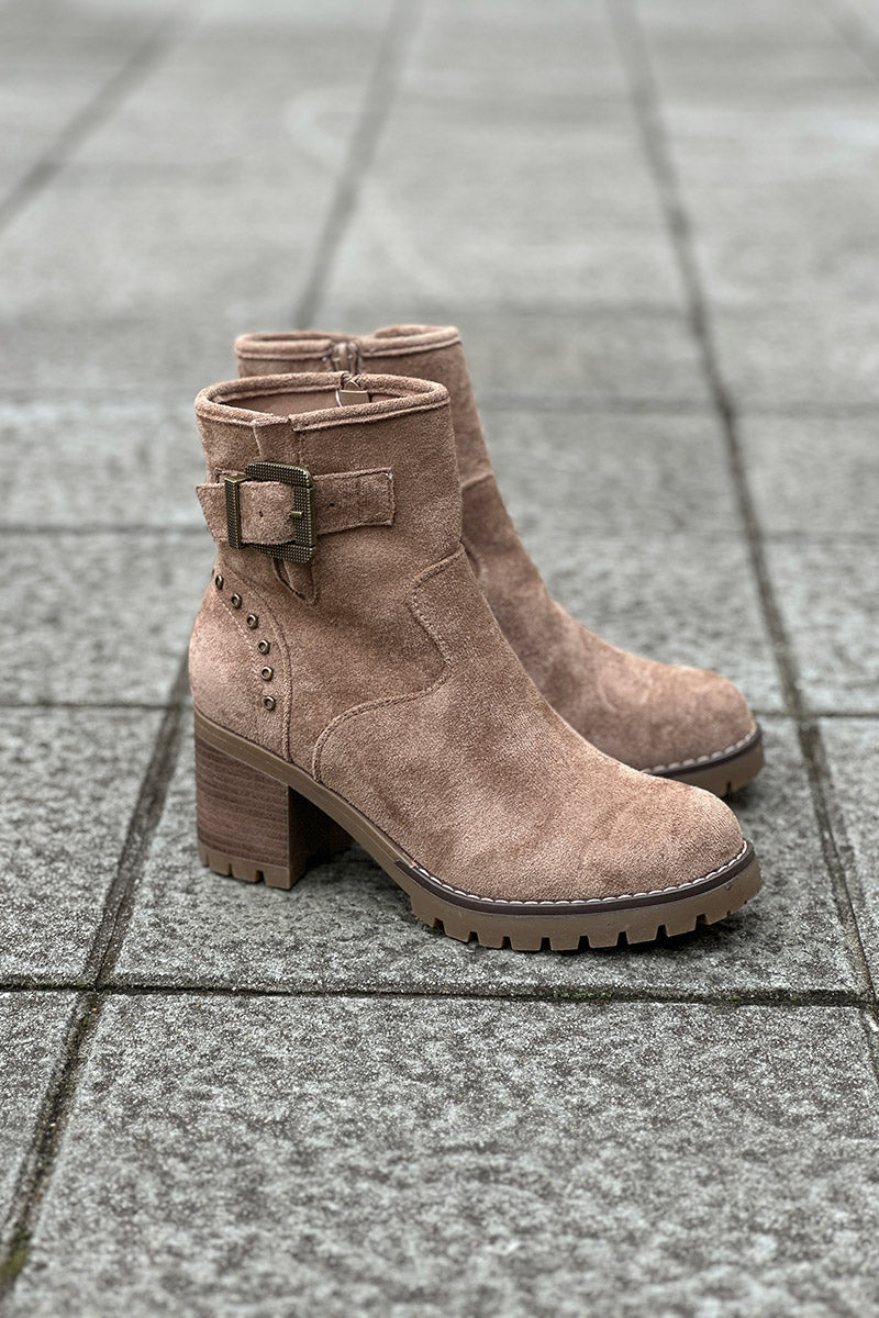 Taupe Studded Suedette Ankle Boots with Buckle