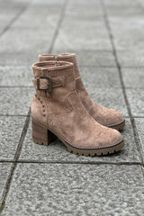 Taupe Studded Suedette Ankle Boots with Buckle