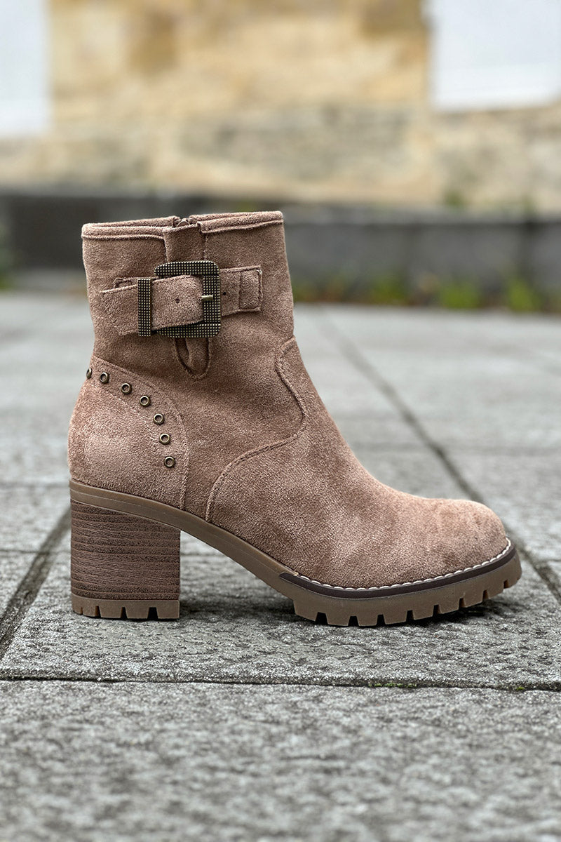 Taupe Studded Suedette Ankle Boots with Buckle