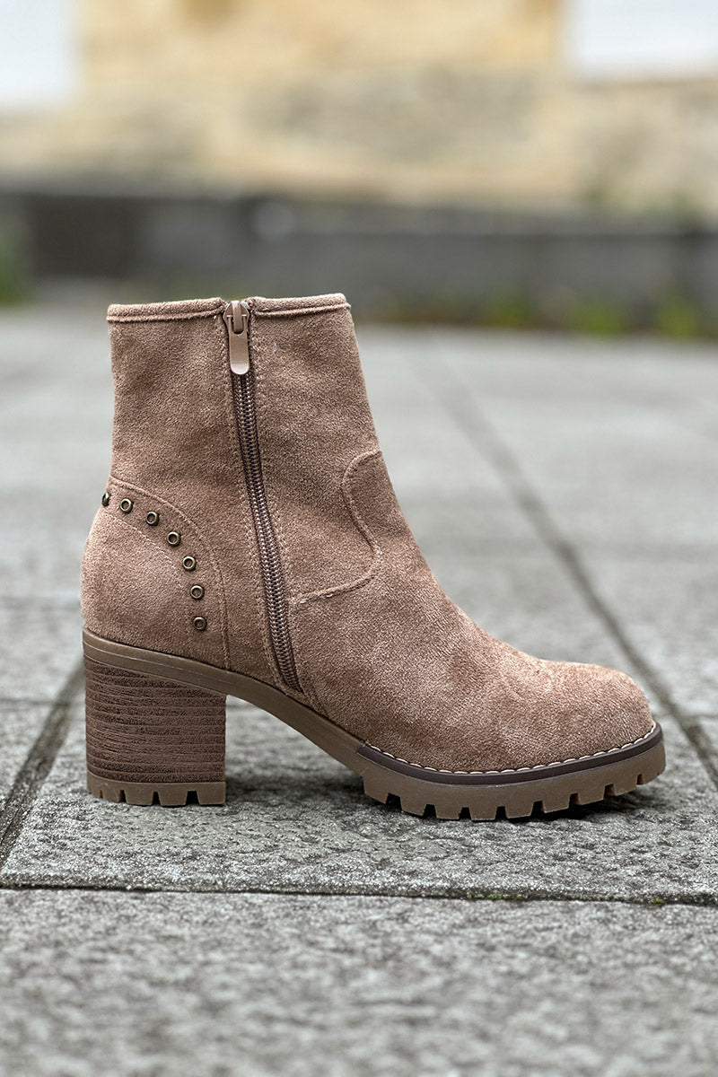 Taupe Studded Suedette Ankle Boots with Buckle