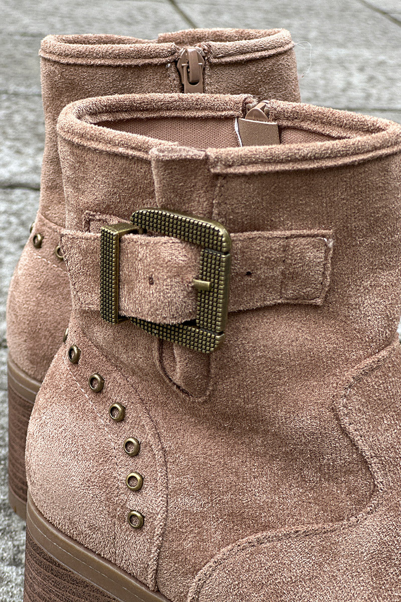 Taupe Studded Suedette Ankle Boots with Buckle
