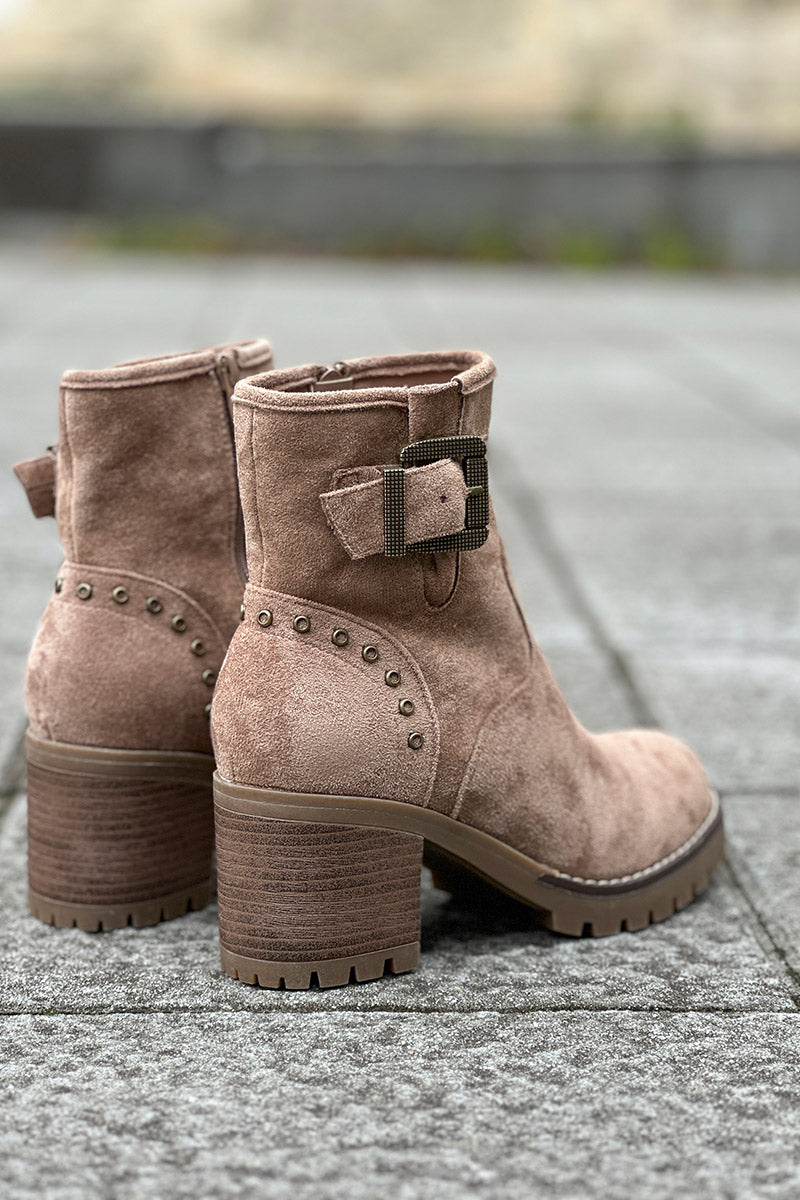 Taupe Studded Suedette Ankle Boots with Buckle