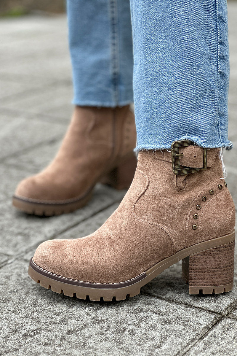 Taupe Studded Suedette Ankle Boots with Buckle