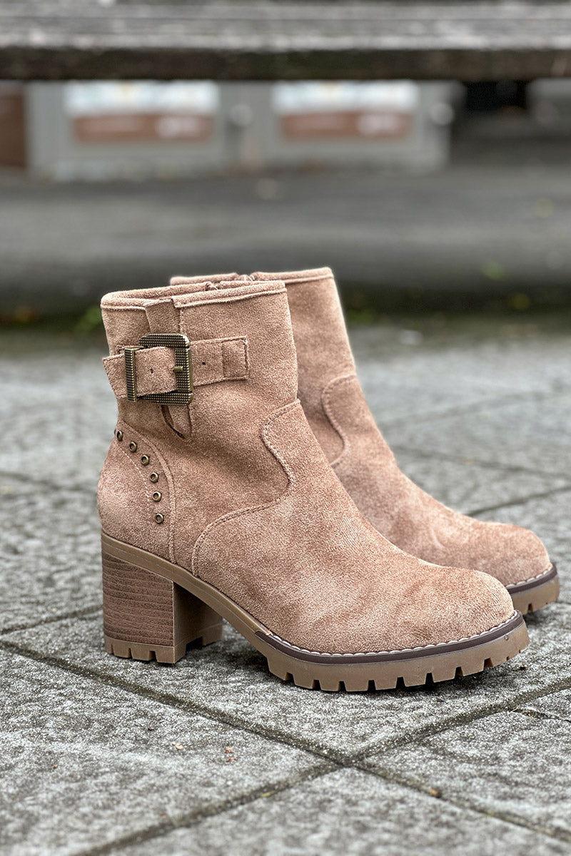 Taupe Studded Suedette Ankle Boots with Buckle