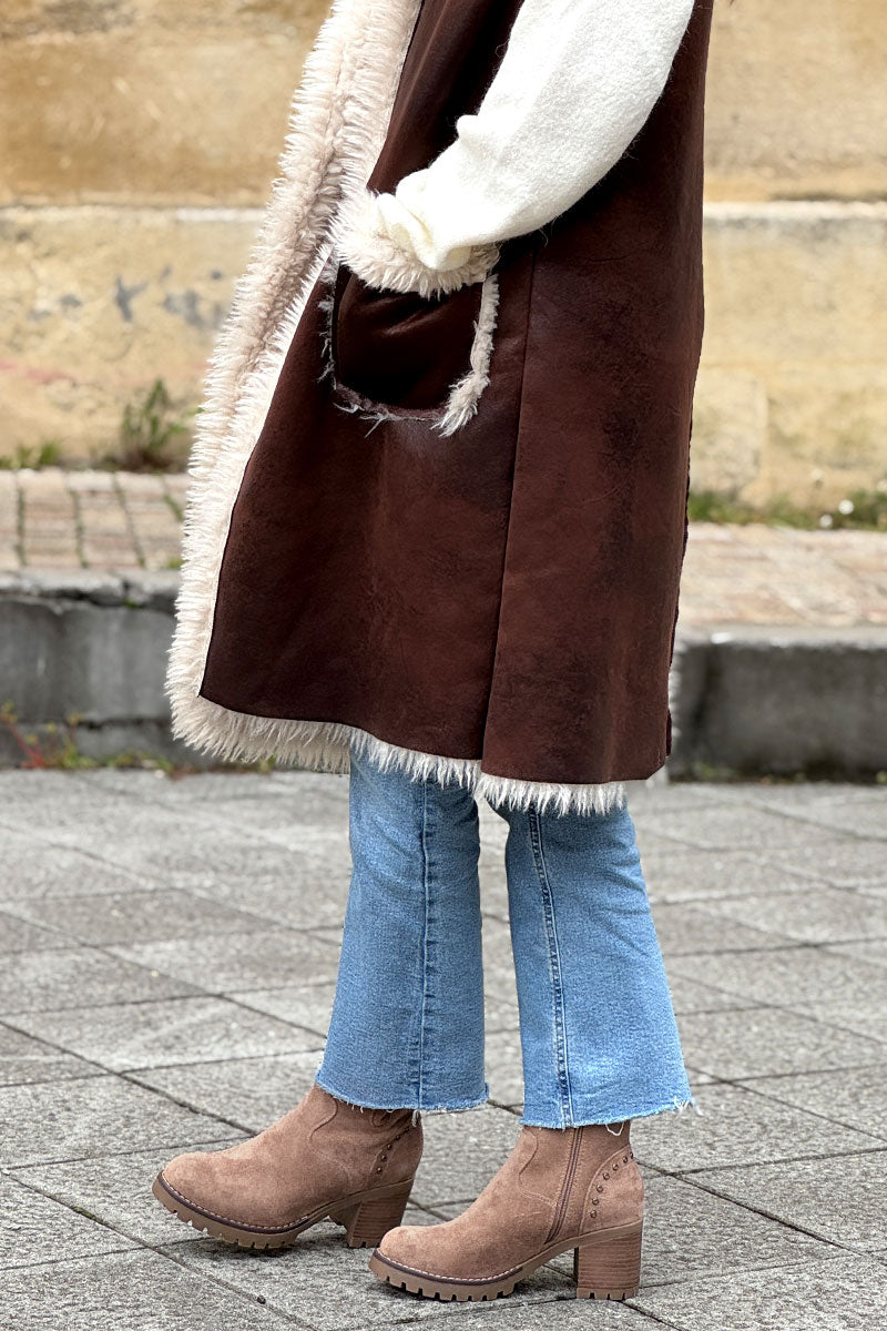 Taupe Studded Suedette Ankle Boots with Buckle