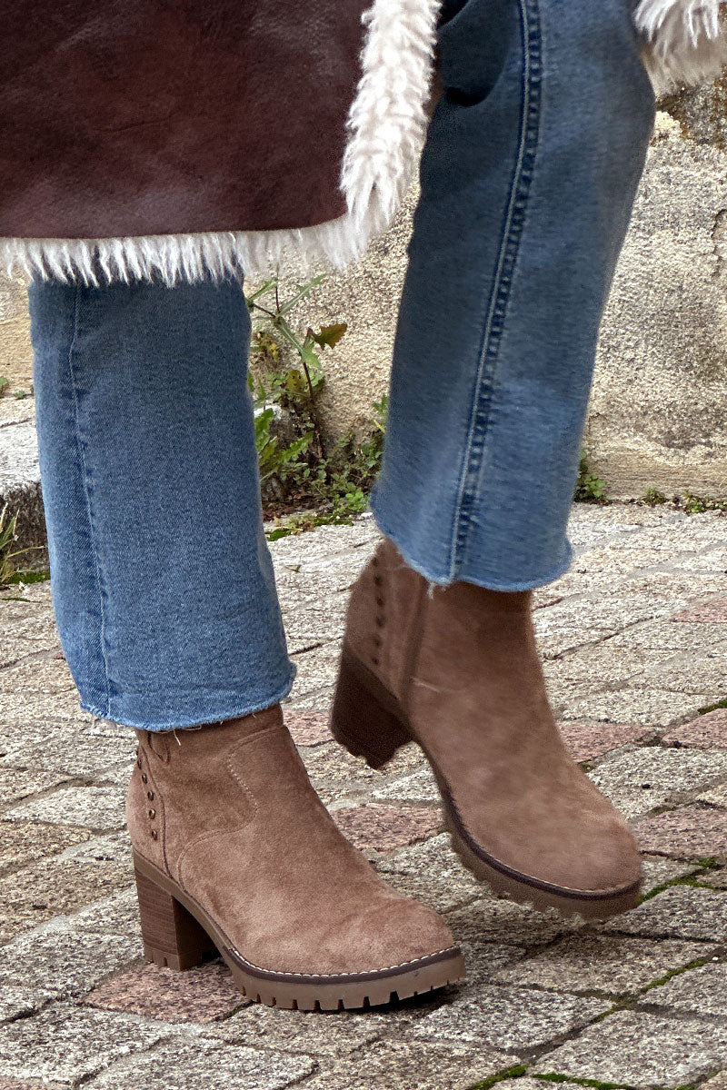 Taupe Studded Suedette Ankle Boots with Buckle