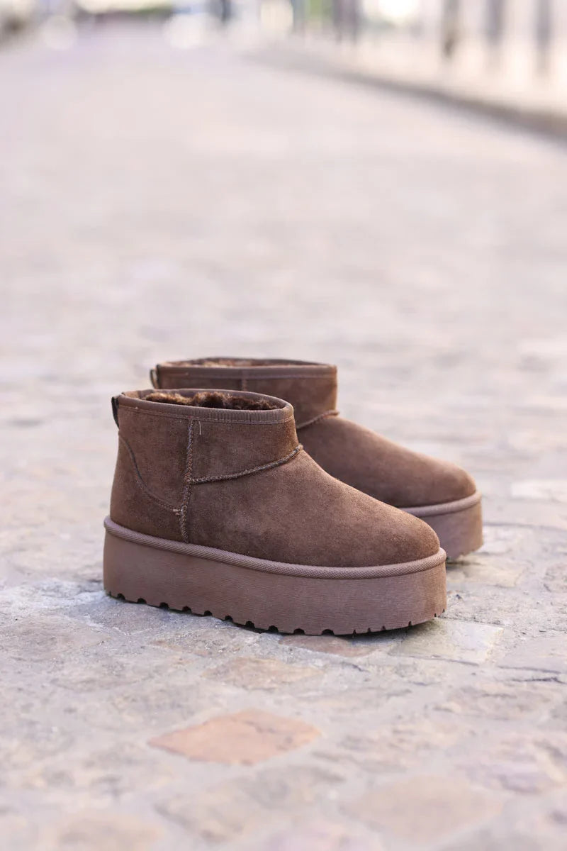 Hannah Brown chocolate Suedette Platform Comfort Mini Boots