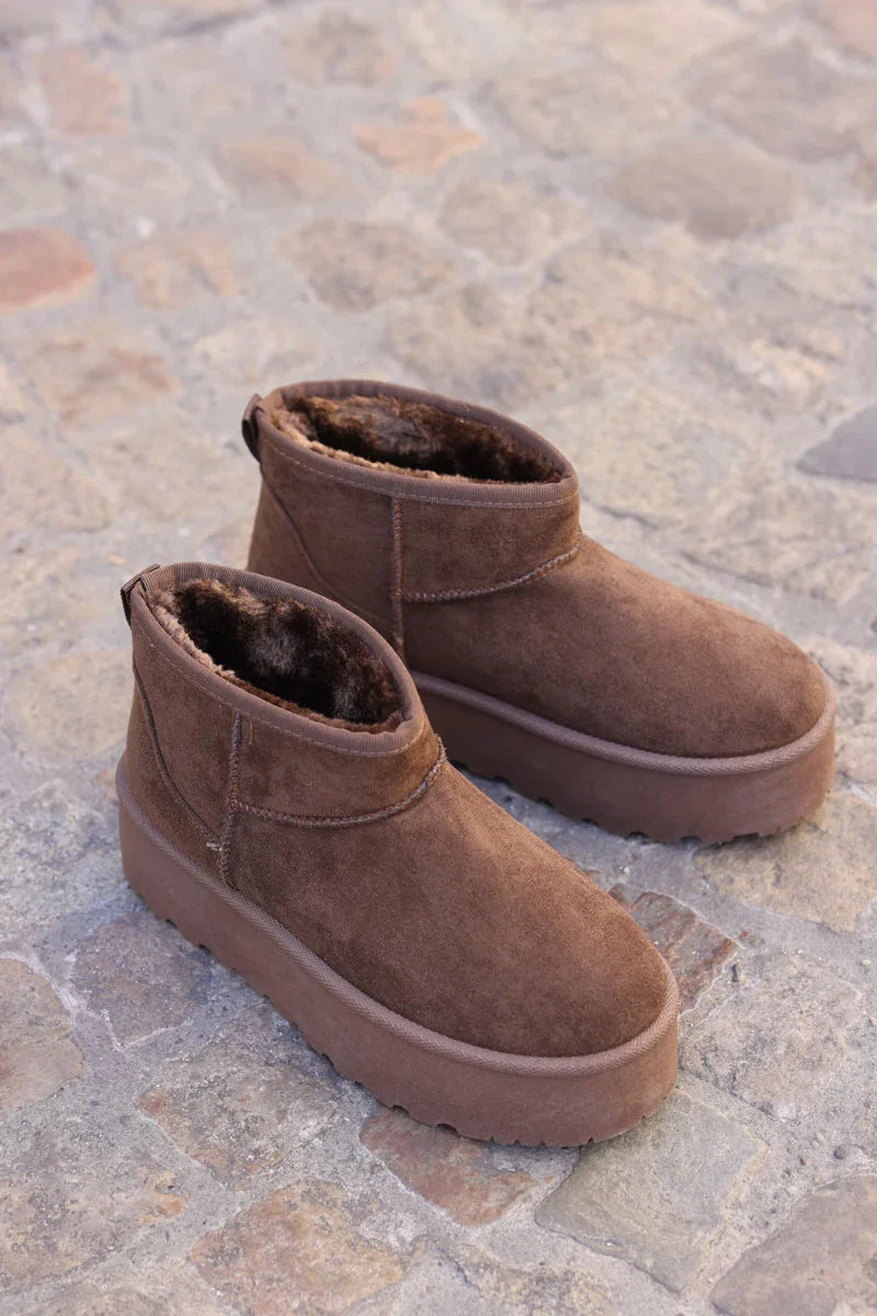 Hannah Brown chocolate Suedette Platform Comfort Mini Boots