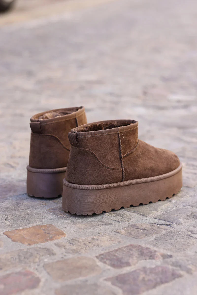 Hannah Brown chocolate Suedette Platform Comfort Mini Boots