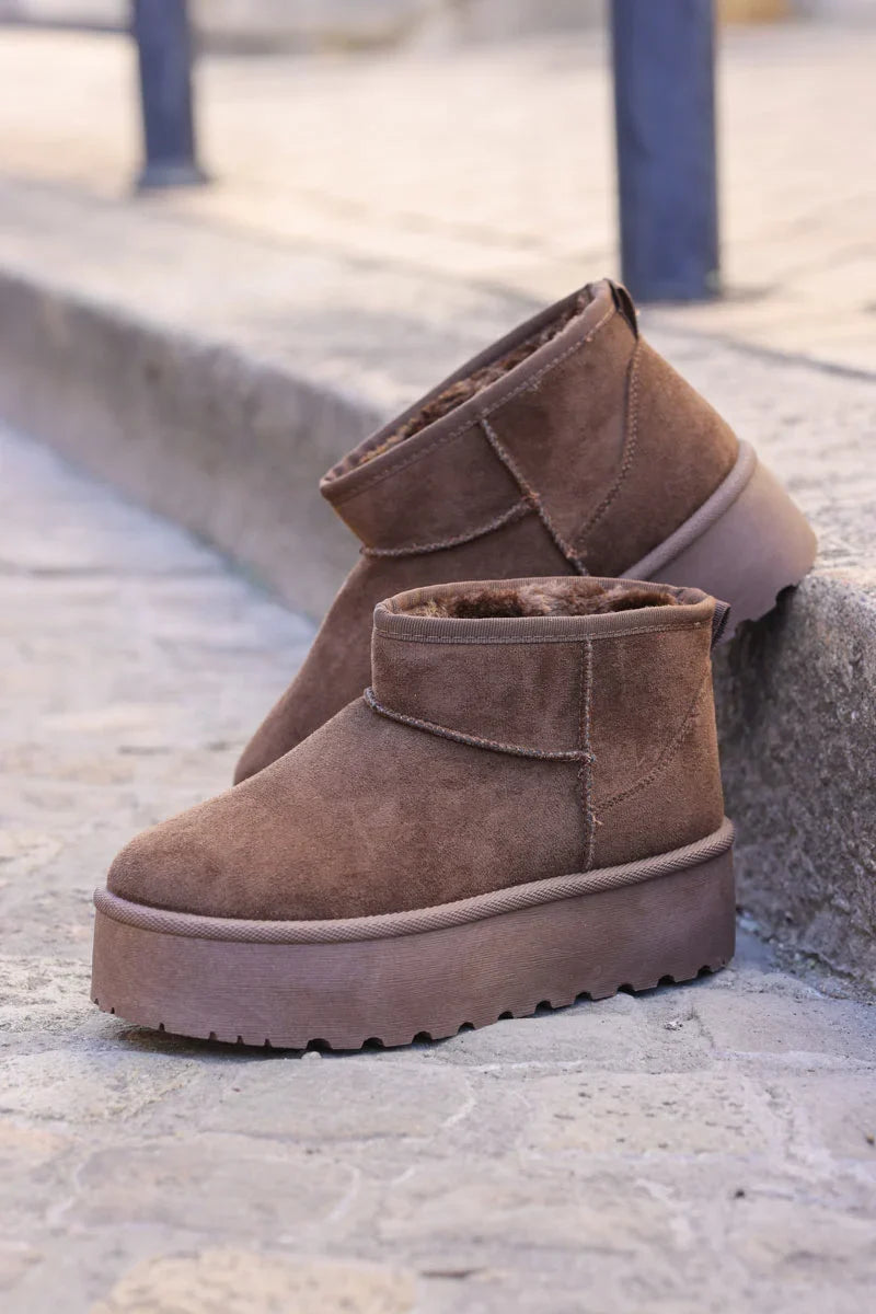 Hannah Brown chocolate Suedette Platform Comfort Mini Boots