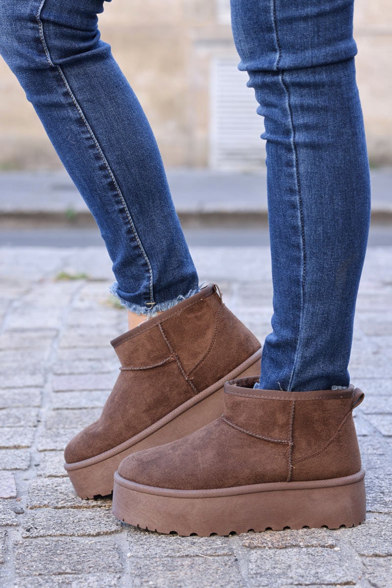 Hannah Brown chocolate Suedette Platform Comfort Mini Boots