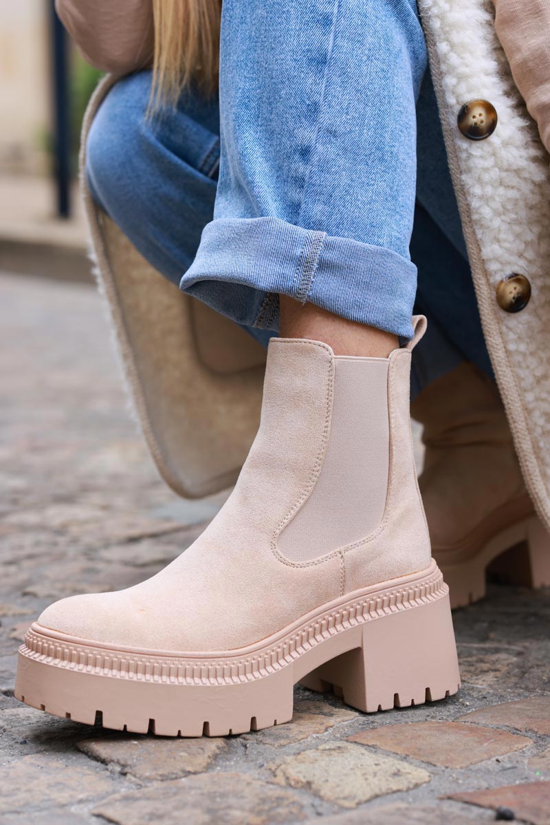 Beige Sueded Chunky Sole Stretch Ankle Boots