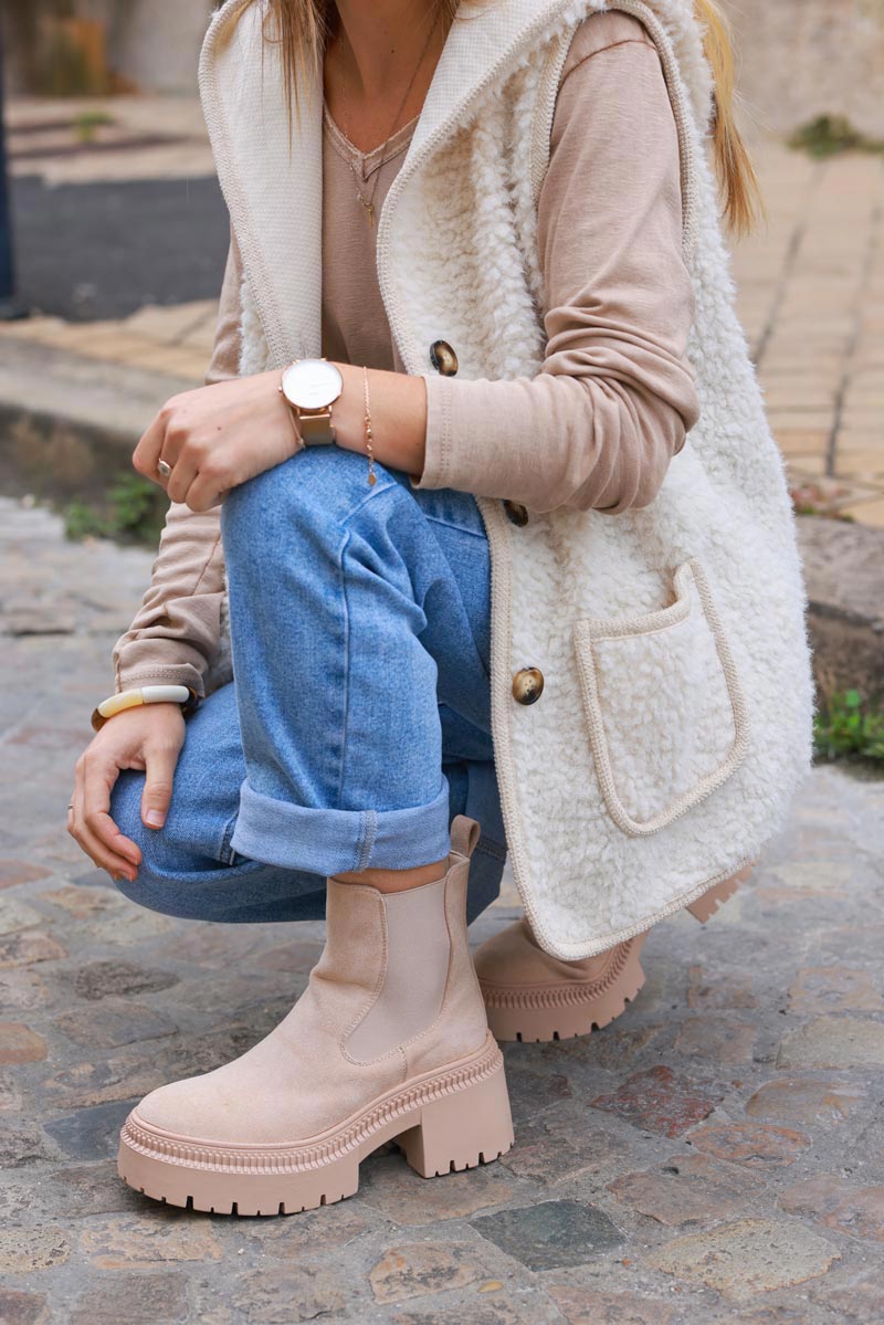 Beige Sueded Chunky Sole Stretch Ankle Boots
