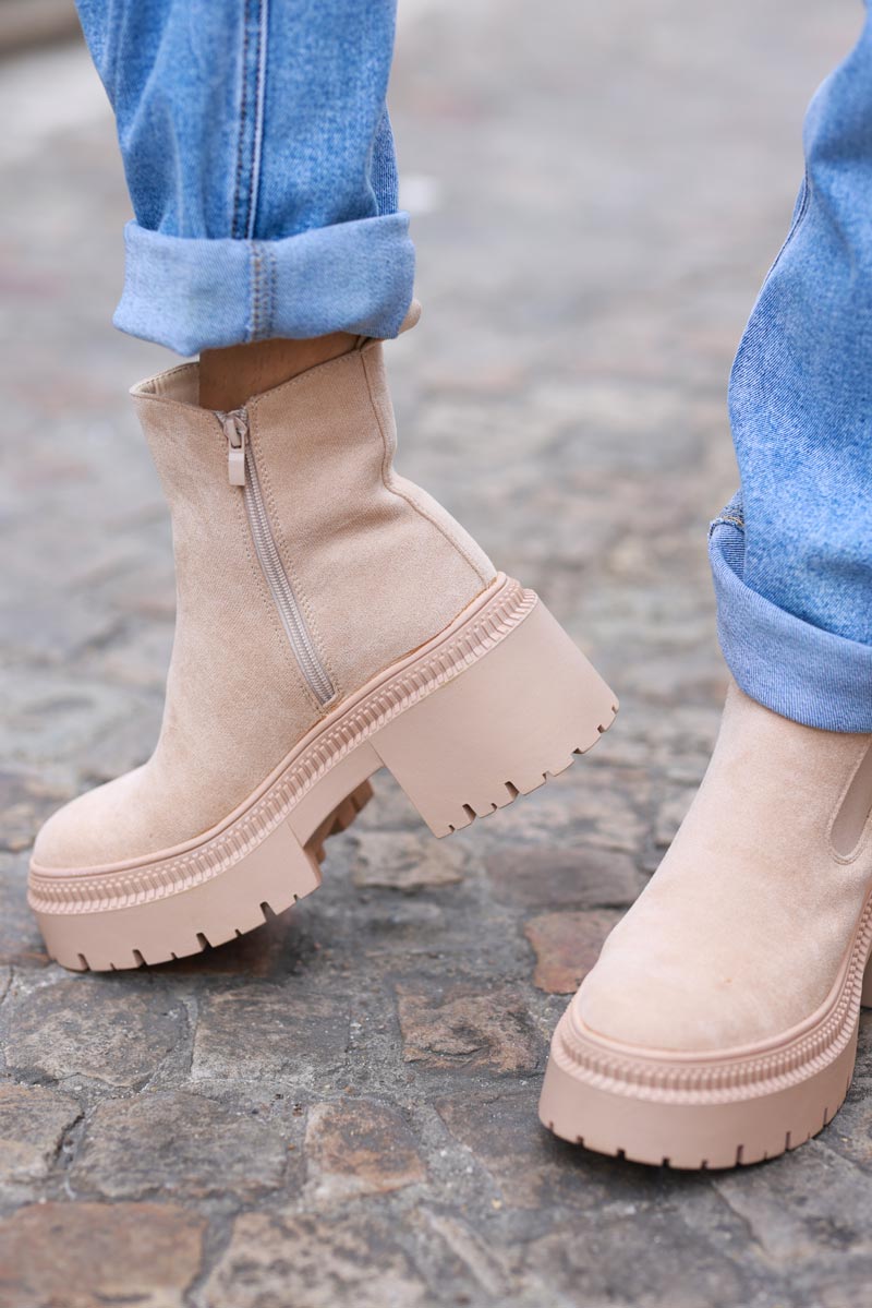Beige Sueded Chunky Sole Stretch Ankle Boots