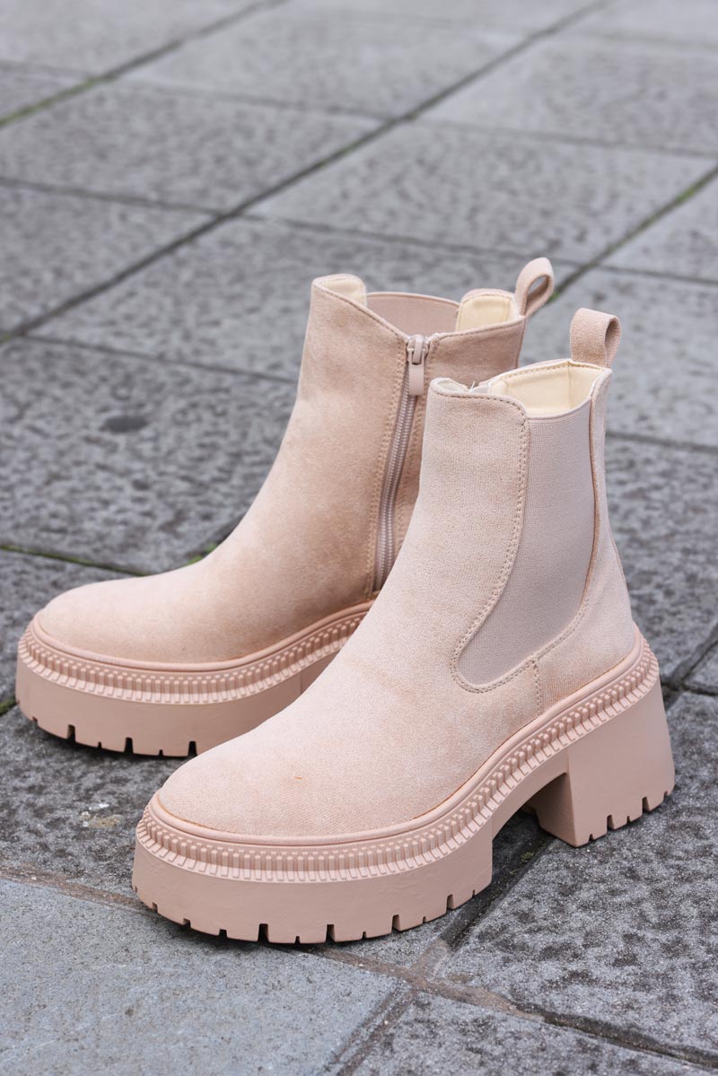 Beige Sueded Chunky Sole Stretch Ankle Boots