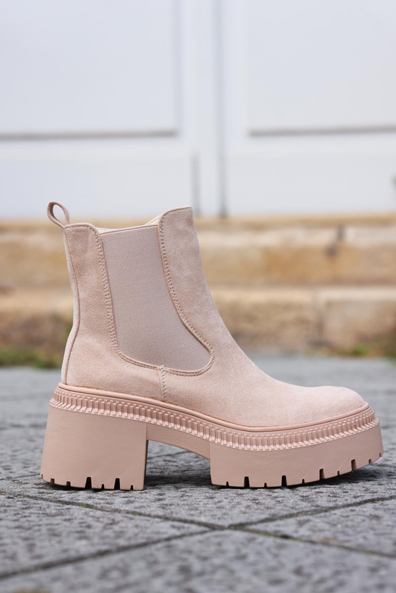 Beige Sueded Chunky Sole Stretch Ankle Boots