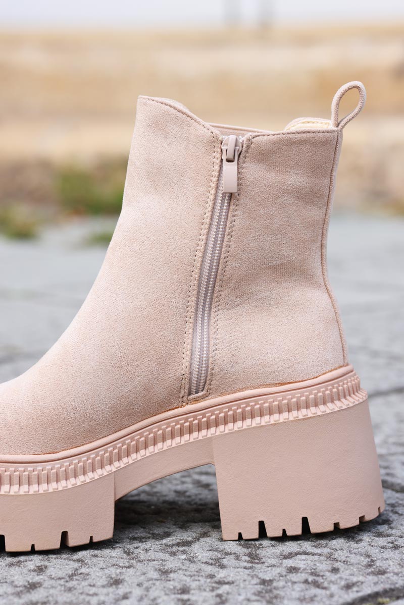 Beige Sueded Chunky Sole Stretch Ankle Boots