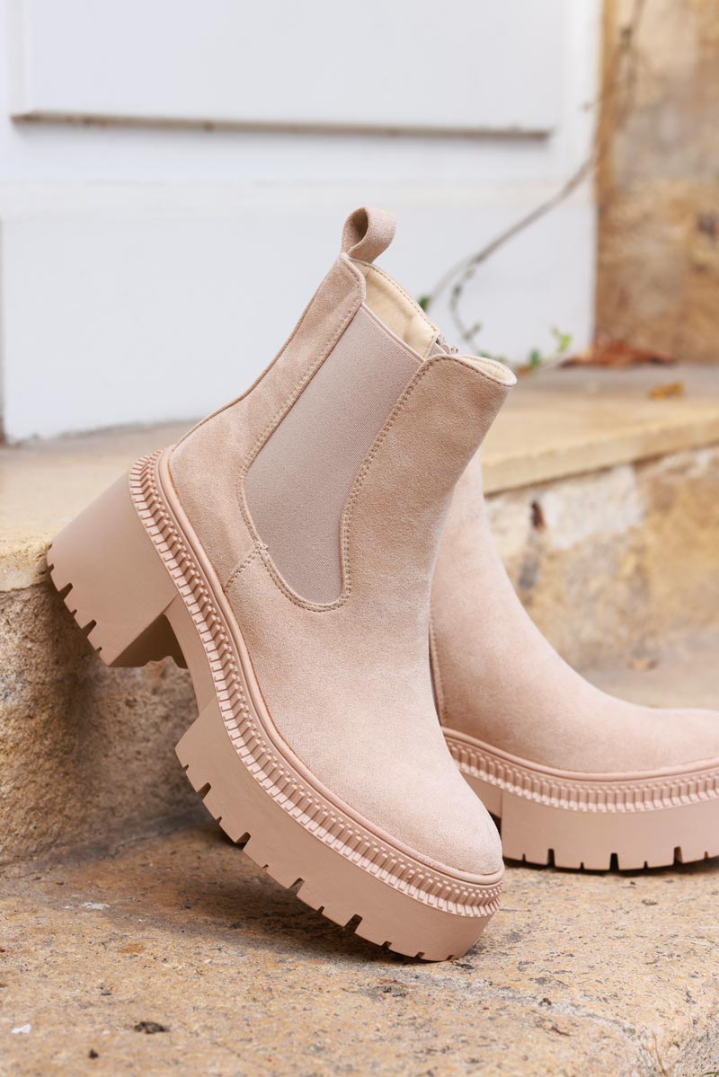 Beige Sueded Chunky Sole Stretch Ankle Boots