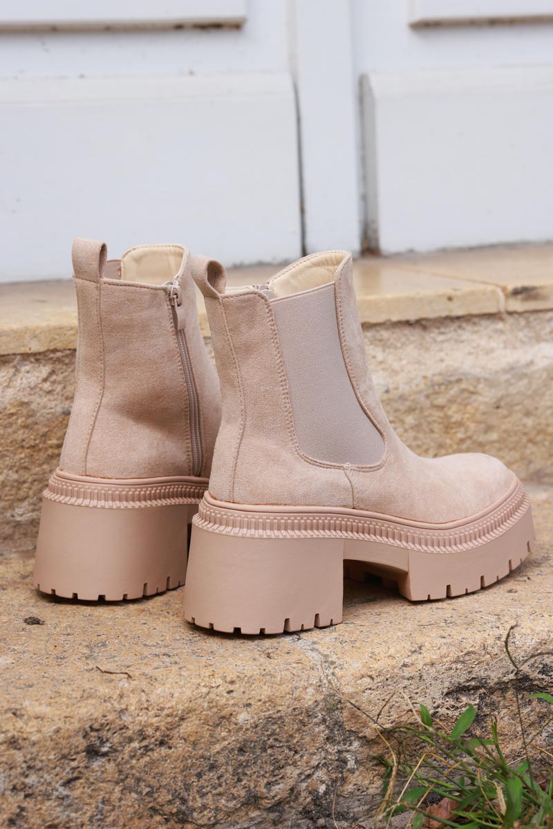 Beige Sueded Chunky Sole Stretch Ankle Boots