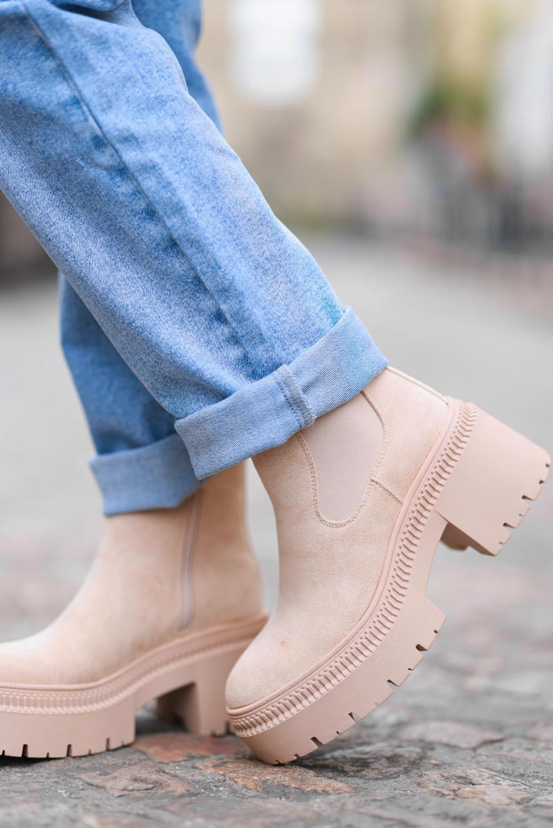 Beige Sueded Chunky Sole Stretch Ankle Boots