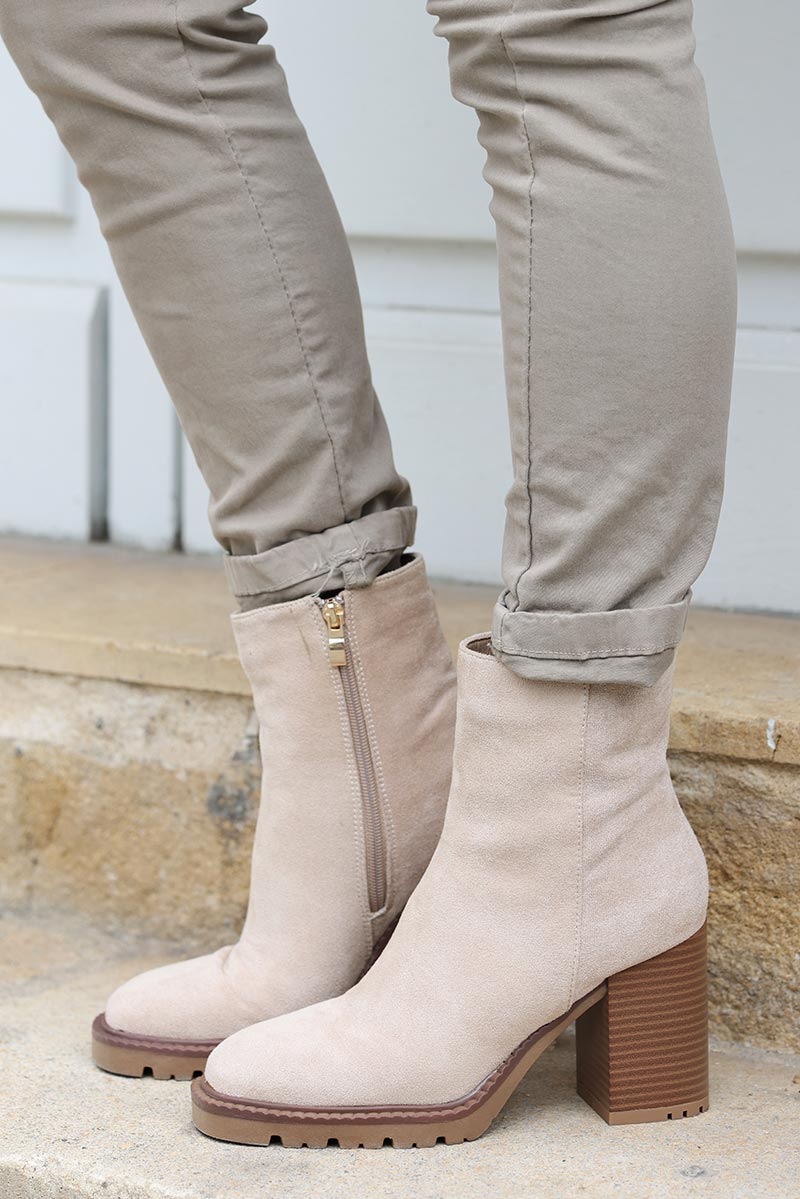Beige suedette chunky high heel ankle boots