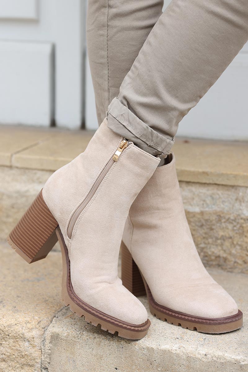 Beige suedette chunky high heel ankle boots