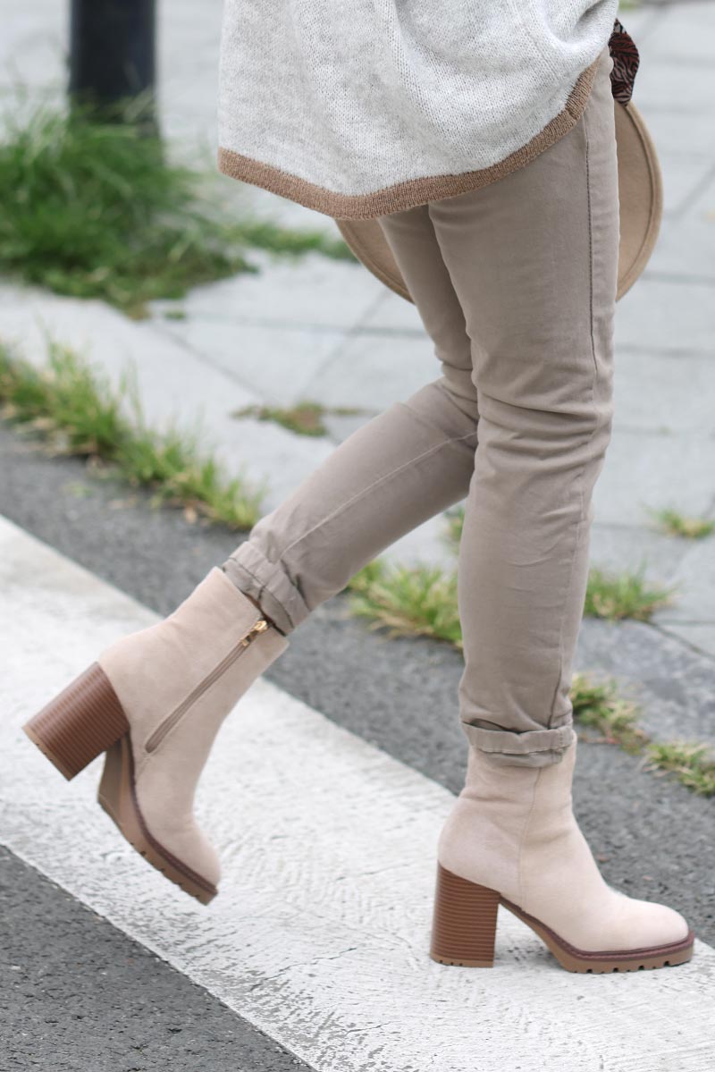 Beige suedette chunky high heel ankle boots