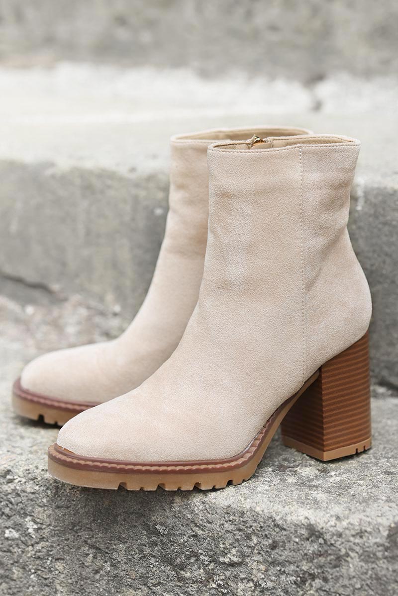 Beige suedette chunky high heel ankle boots