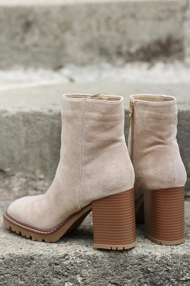Beige suedette chunky high heel ankle boots