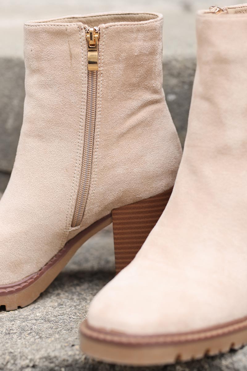 Beige suedette chunky high heel ankle boots