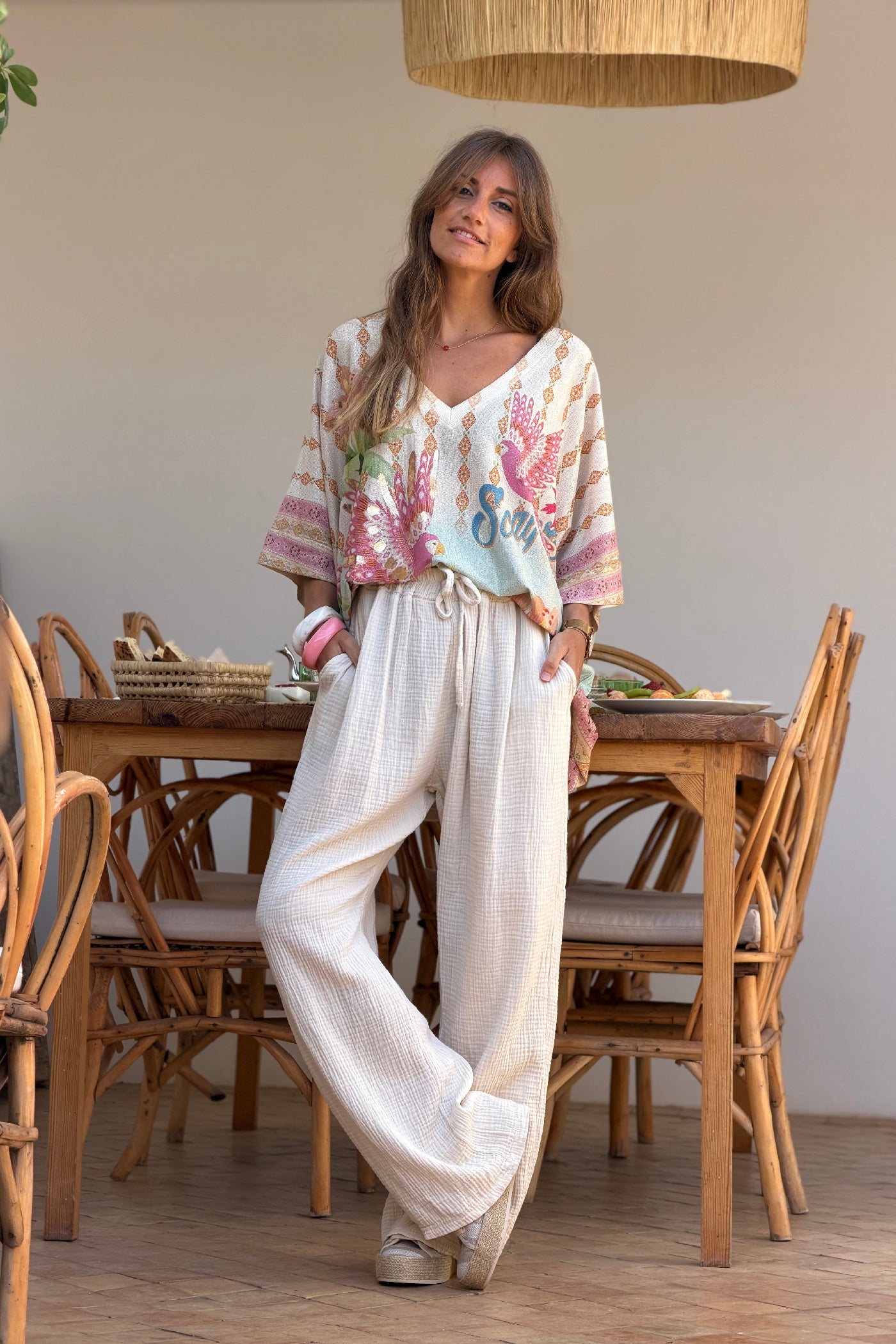 Beige Crinkle Gauze Pull-On Pant