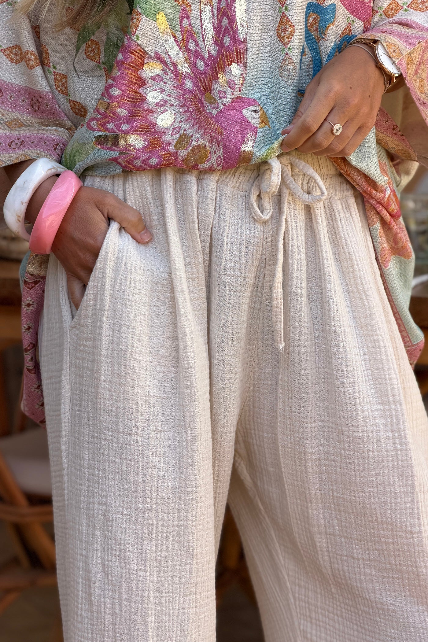 Beige Crinkle Gauze Pull-On Pant