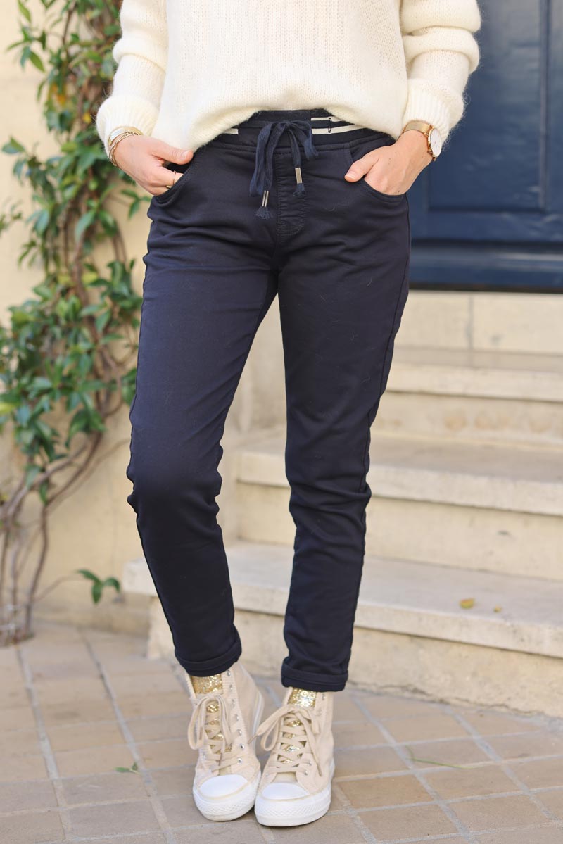Navy blue comfort stretch slim fit trousers