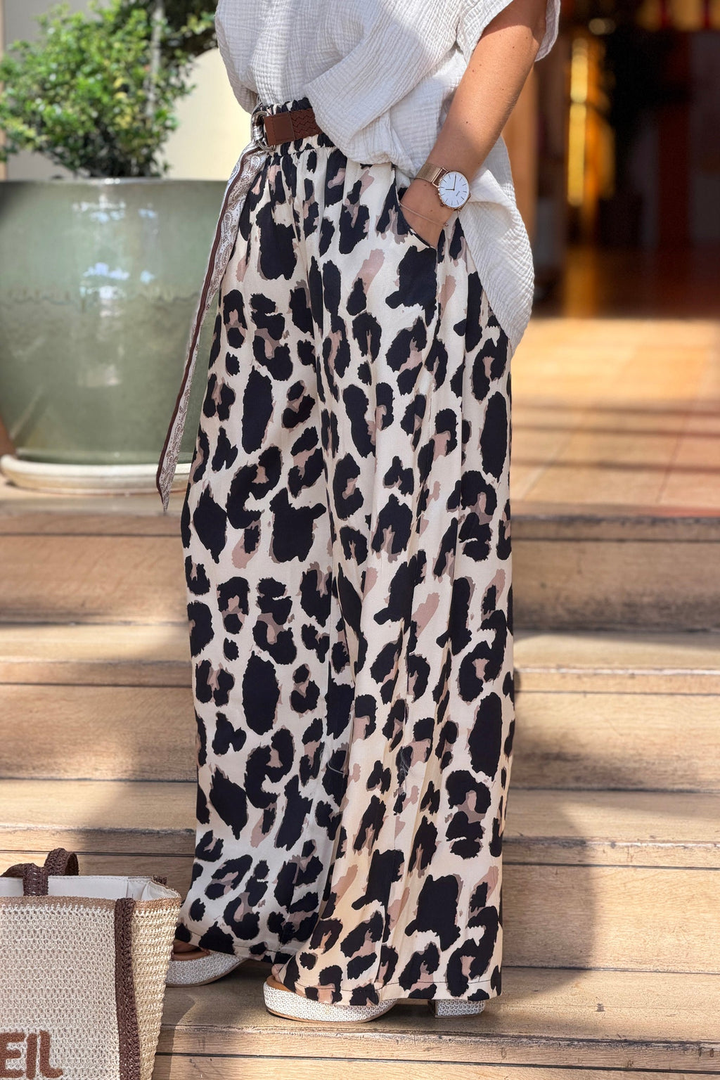 Leopard Print Pull-on Pants with Woven Sash Belt
