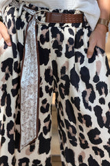 Leopard Print Pull-on Pants with Woven Sash Belt