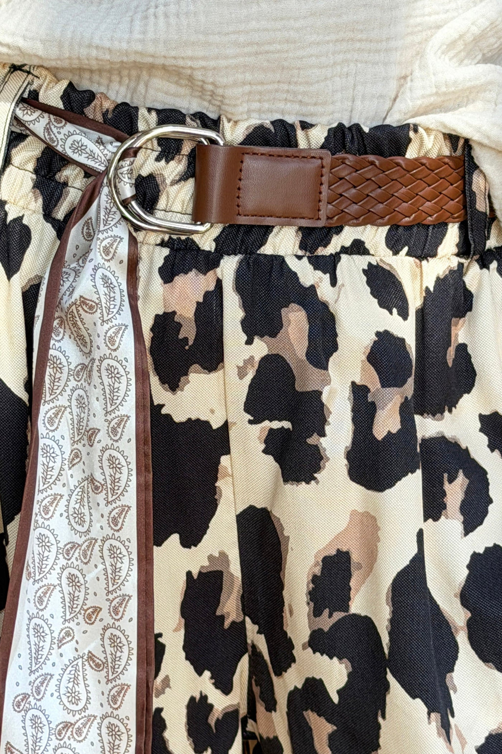 Leopard Print Pull-on Pants with Woven Sash Belt