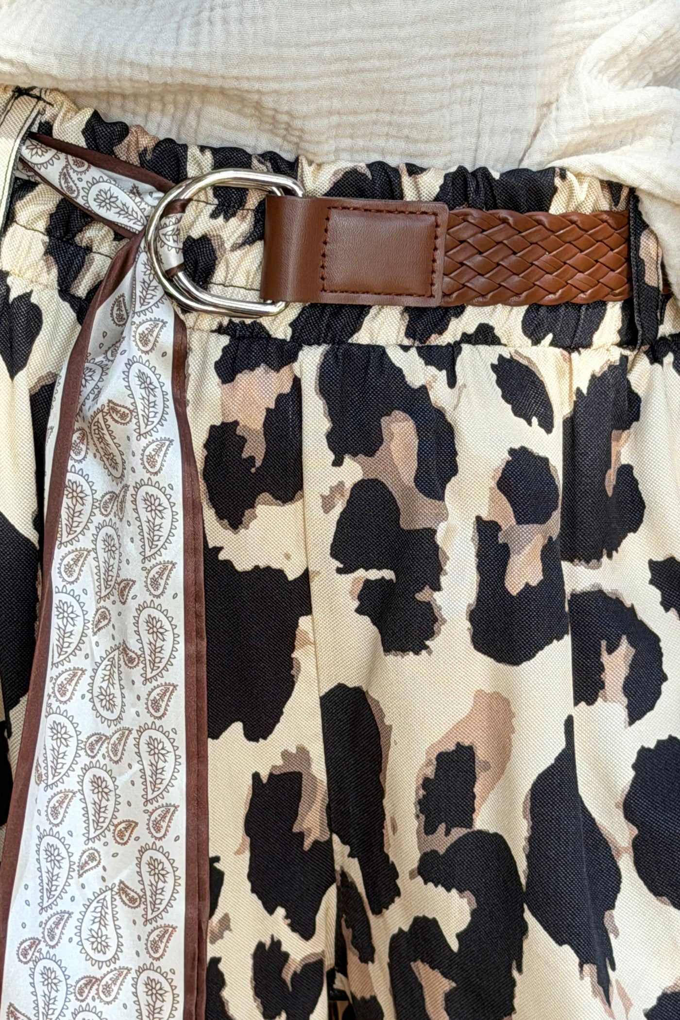 Leopard Print Pull-on Pants with Woven Sash Belt